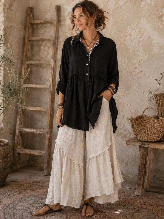 Umgee Tops - Umgee Linen Shirt Dress Womens S Black Leopard Trim Lagenlook Boho Tunic